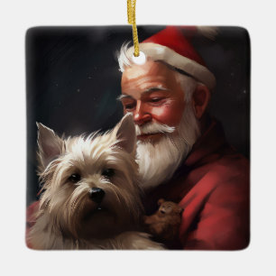 Ornement En Céramique Cairn Terrier avec le Père Noël Fête de Noël