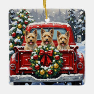 Ornement En Céramique Cairn Terrier Noël Camion Rouge Fêtes