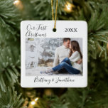Ornement En Céramique Calligraphie Notre première photo en couple de Noë<br><div class="desc">Script De Calligraphie Moderne Et Élégant,  Simple Minimaliste,  Notre Premier Décor De Noël En Couple Photo Céramique</div>