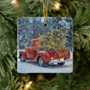 Ornement En Céramique Camion Red Retro Avec Arbre De Noël Dans Les Flamm