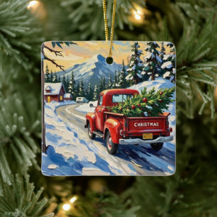 Ornement En Céramique Camionnette Rouge Vintage Transportant un Sapin de