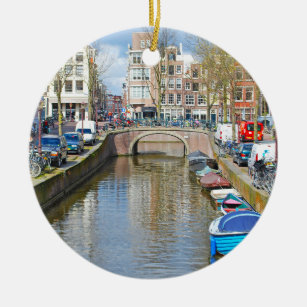 Ornement En Céramique Canal d'Amsterdam avec des bateaux