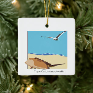 Ornement En Céramique Cape Cod, MA Horseshoe Crab Seagull Beach