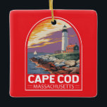 Ornement En Céramique Cape Cod Massachusetts Emblème d'art de voyage<br><div class="desc">Cape Cod design de voyage vectoriel rétro dans un style emblème. C'est le site de villages pittoresques,  de cabanes de fruits de mer,  de phares,  d'étangs et de plages de la baie et de l'océan.</div>