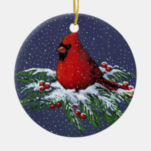 ORNEMENT EN CÉRAMIQUE CARDINAL DE NOËL : OISEAU : NEIGE : ART
