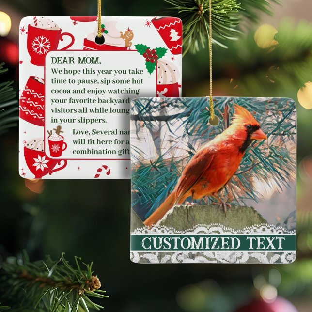 Ornement En Céramique Cardinal en Pine Tree Ornament de Noël rustique (A pretty ceramic cardinal square ornament with custom text on the back is personal and unique.)