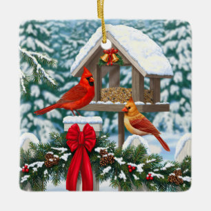 Ornement En Céramique Cardinaux et mangeoire de Noël