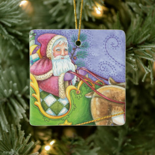 Ornement En Céramique Caricature de Noël Santa Claus Sleigh Reindeer