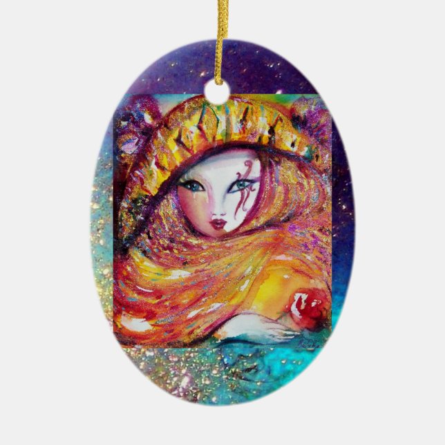 ORNEMENT EN CÉRAMIQUE CARNAVAL EN JAUNE D'OR AVEC ROSE ROUGE (Devant)