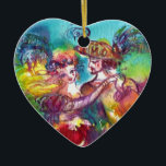 ORNEMENT EN CÉRAMIQUE CARNIVAL DANSE BLEU SAPPHIRE COEUR<br><div class="desc">Design d'art coloré, élégant et vibrant avec des danseurs romantiques de carnaval : Figurines de danse fantasque, belle femme blonde en costumes scintillants plumés danse avec un jeune Arlequin. Aquarelle peinte en rose vif, fuchsia, vert, rouge, bleu, jaune couleurs, éclat d'or inspiré de Commedia dell'arte et Carnaval de Venise. C'est...</div>