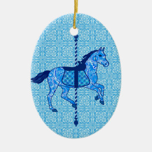 Ornement En Céramique Carousel Horse - Cobalt and Sky Blue