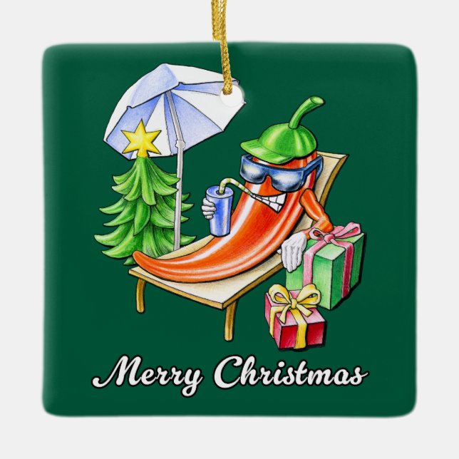 Ornement En Céramique Carré Fir Green Chili Joyeux Noël (Devant)