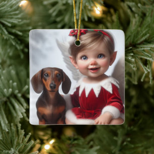 Ornement En Céramique Carte de bébé elfe de Noël et de dachshund
