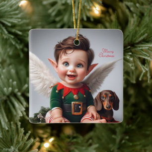 Ornement En Céramique Carte de bébé elfe de Noël et de dachshund