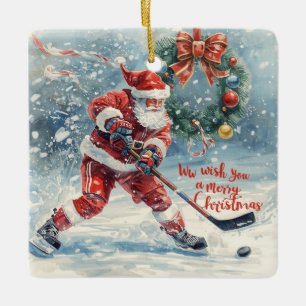 Ornement En Céramique Carte de Noël Hockey Santa