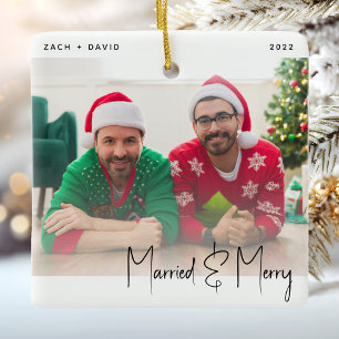 Ornement En Céramique Carte de Noël photo minimaliste Mariés et Joyeux L