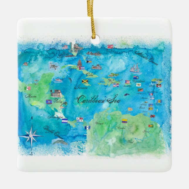 Ornement En Céramique Carte des Caraïbes Antilles d'affiche de voyage de (Devant)
