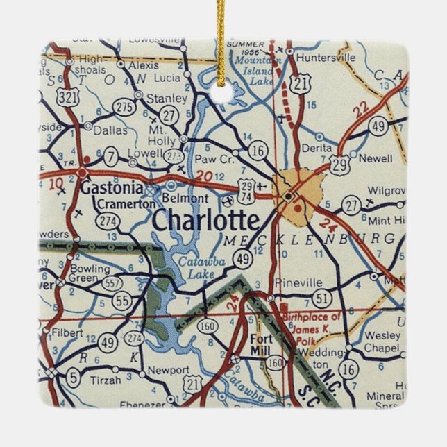 Ornement En Céramique Carte Vintage Charlotte NC (Dos)