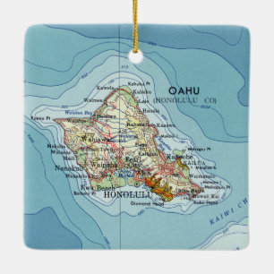 Ornement En Céramique Carte Vintage de l'île d'Oahu