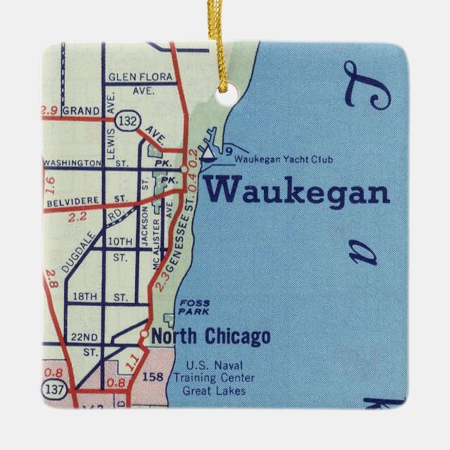 Ornement En Céramique Carte Vintage de Waukegan (Devant)
