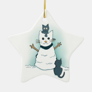 Ornement En Céramique Cartoon Kittens Making a Christmas Snow Cat