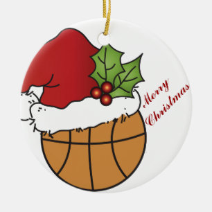 Ornement En Céramique Casquette de Noël de Père Noël sur un basket-ba