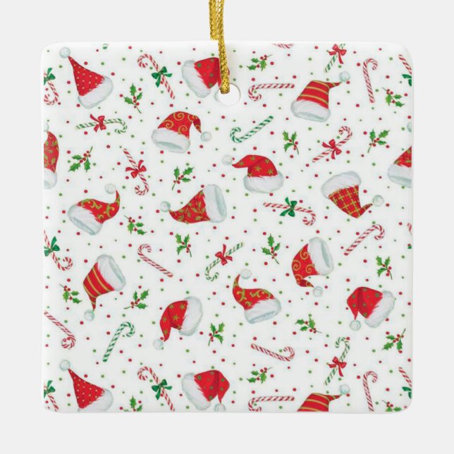 Ornement En Céramique Casquettes et sucres de canne de Père Noël (Devant)