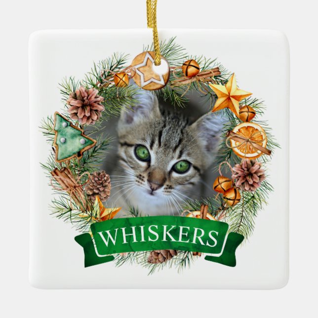 Ornement En Céramique Cat Christmas Wreath Orament (Devant)