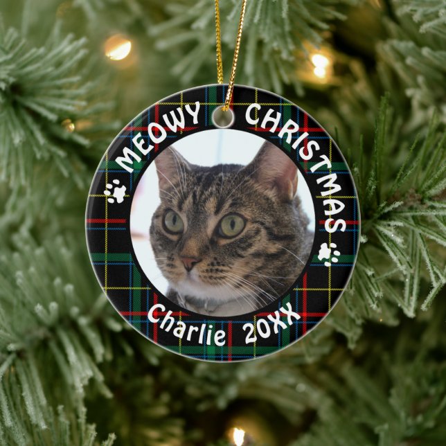 Ornement En Céramique Cat MEOWY CHRISTMAS 2 faces Plaid Noël (Arbre)