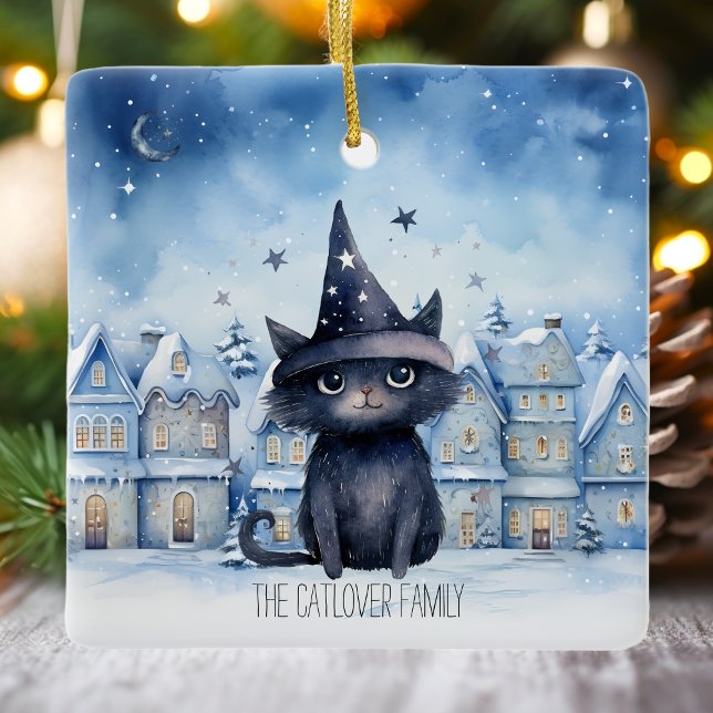 Ornement En Céramique Cat noir personnalisé hiver famille Noël (Blue Magical Wizard Black Cat Watercolor Christmas Ceramic Ornament)