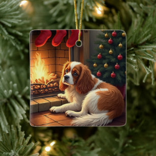 Ornement En Céramique Cavalier King Charles au coin du feu de Noël