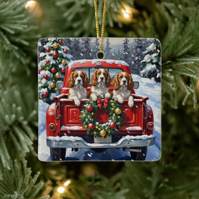 Ornement En Céramique Cavalier King Charles Spaniel Christmas Red Truck (Arbre)