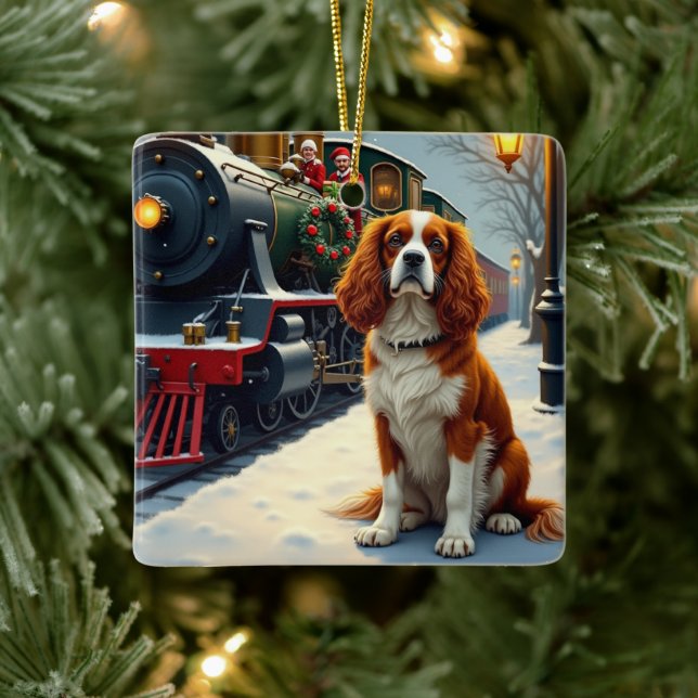 Ornement En Céramique Cavalier King Charles Spaniel Train de Noël (Arbre)