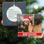 Ornement En Céramique Cerf avec Casquette de Noël dans la neige Whimsica<br><div class="desc">Dans un bois enneigé, un cerf porte un chapeau de Noël pour rester au chaud parmi les flocons de neige qui tombent. Une bande rouge avec un texte blanc en gras vous permet de customiser une courte phrase sur le devant de cet ornement, ce qui est parfait pour un cadeau...</div>