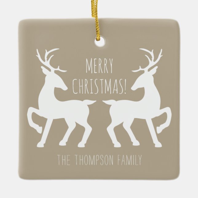 Ornement En Céramique Cerfs blancs sur le beige et nom de famille person (Devant)