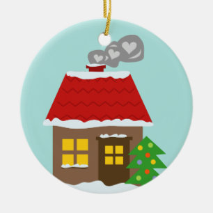 Ornement En Céramique Chalet enneigé d'hiver personnalisé Joyeux Noël