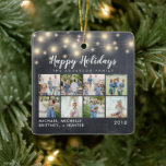 Ornement En Céramique Chalkboard String Lights 8 Fête de la photo<br><div class="desc">Happy Holiday arrière - plan en damier rustique avec des lampes à cordes arrière - plan qui peut être customisé avec 8 photos.</div>