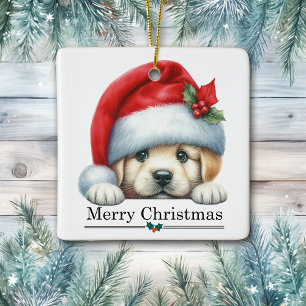 Ornement En Céramique Chapeau de Père Noël Chiot Retriever doré Joyeux N