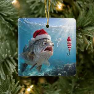 Ornement En Céramique Chapeau de Père Noël sur un gros poisson