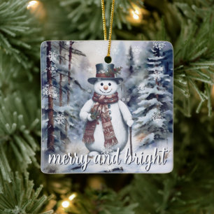 Ornement En Céramique Charmant Snowman aquarelle Forêt d'hiver Photo