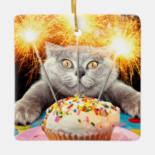 Ornement En Céramique Chat Avec Cupcake Sparkler