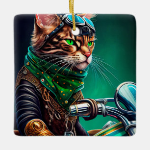 Ornement En Céramique Chat Bengal conduisant un vélo pour la Saint-Patri