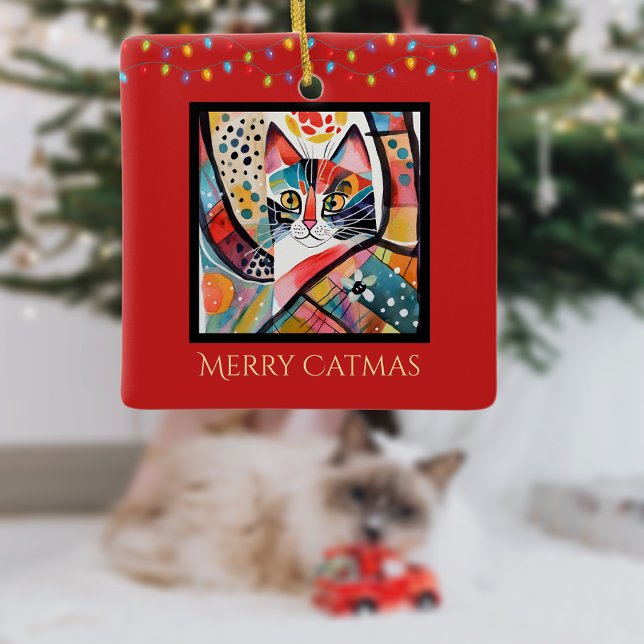 Ornement En Céramique Chat d'art avec lumières de Noël Joyeux Catmas Rou (Créateur téléchargé)