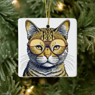 Ornement En Céramique Chat d'art cool avec Shades Christmas