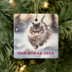 Ornement En Céramique Chat De Maine Coon Dashing À Travers La Neige