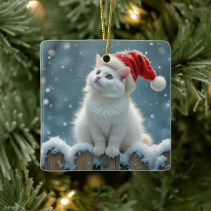 Ornement En Céramique Chat de Noël blanc sur une clôture