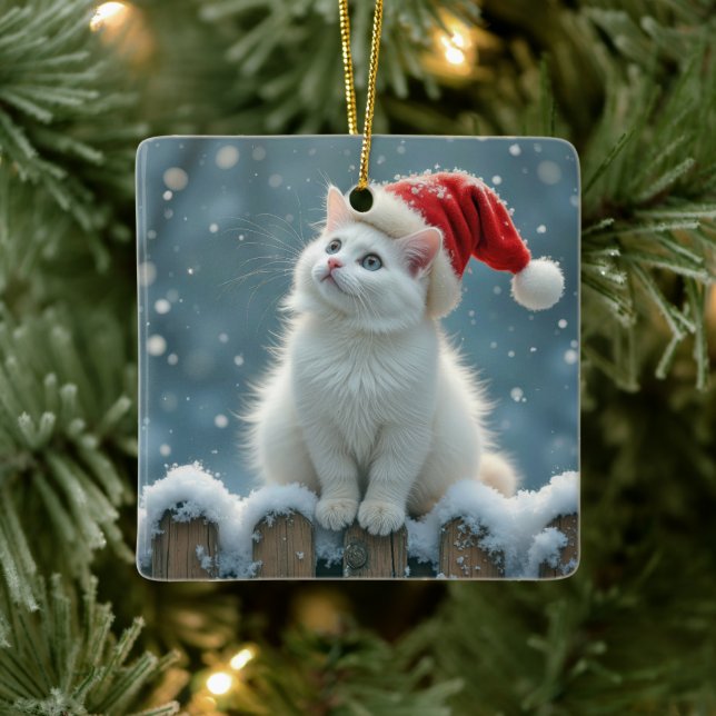 Ornement En Céramique Chat de Noël blanc sur une clôture (Arbre)