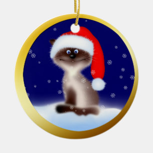 Ornement En Céramique Chat de Noël dans le casquette de Père Noël