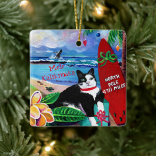 Ornement En Céramique Chat de Noël hawaïen à l'ornement en céramique