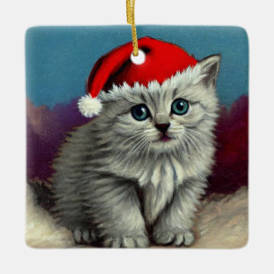 Ornement En Céramique Chat de Noël vintage avec chapeau de Père Noël